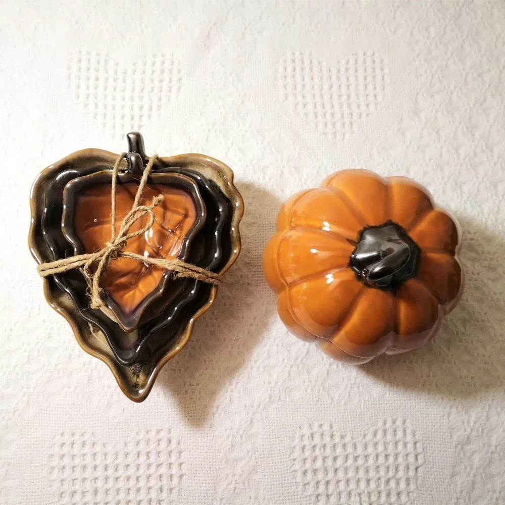 Cindy Crawford Pumpkin Jar and Leaf‎ Shaped Stackable Nesting Trinket Dishes